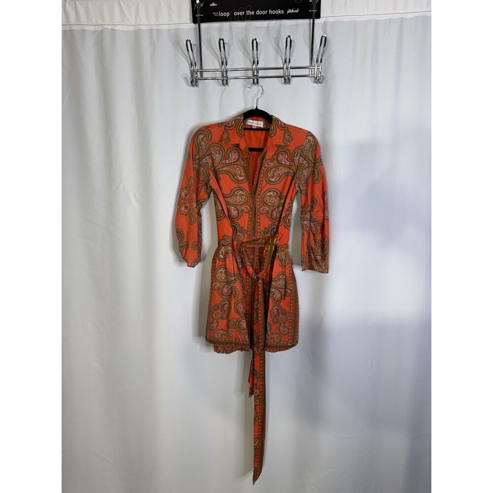 Cara Cara Claudine Mini Dress Size 0 Orange Paisley Belted Long Sleeve MSRP $495